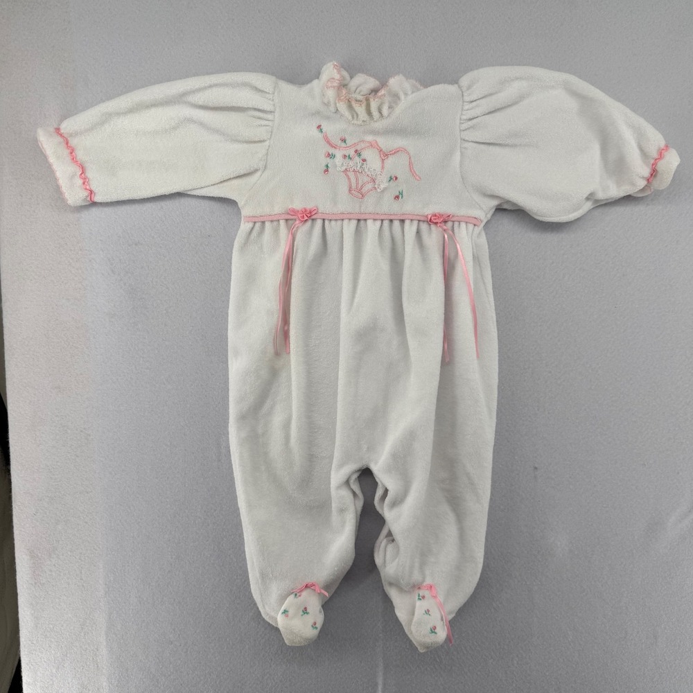 Vintage Mothercare White Pink Floral Embroidered Fleece Footed Sleeper Large USA